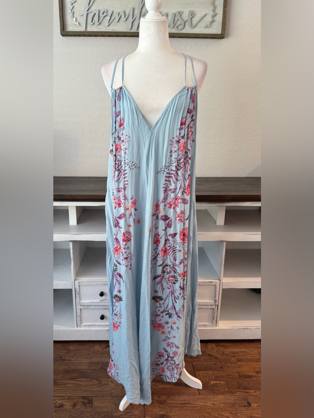 NWT Free People Intimately Ashbury Blue Floral Combo Slip Dress Rayon Size L DD